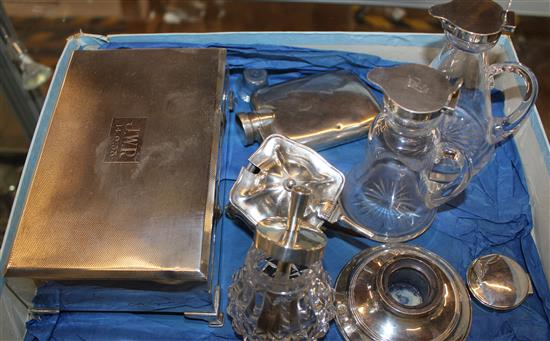 Two silver whisky tots, a silver topped glue pot, a silver hip flask and a mustard pot